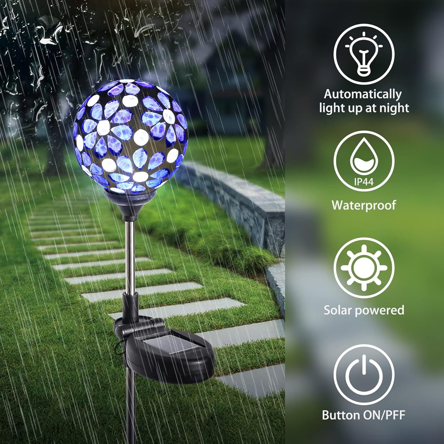 WNP Solar Garden Decorative Stakes Blue Outdoor Waterproof Mosaic Solar Powered Flower Petal Ball Light Colorful Glow for Yard Pathway Great Gift for Mom and Girls