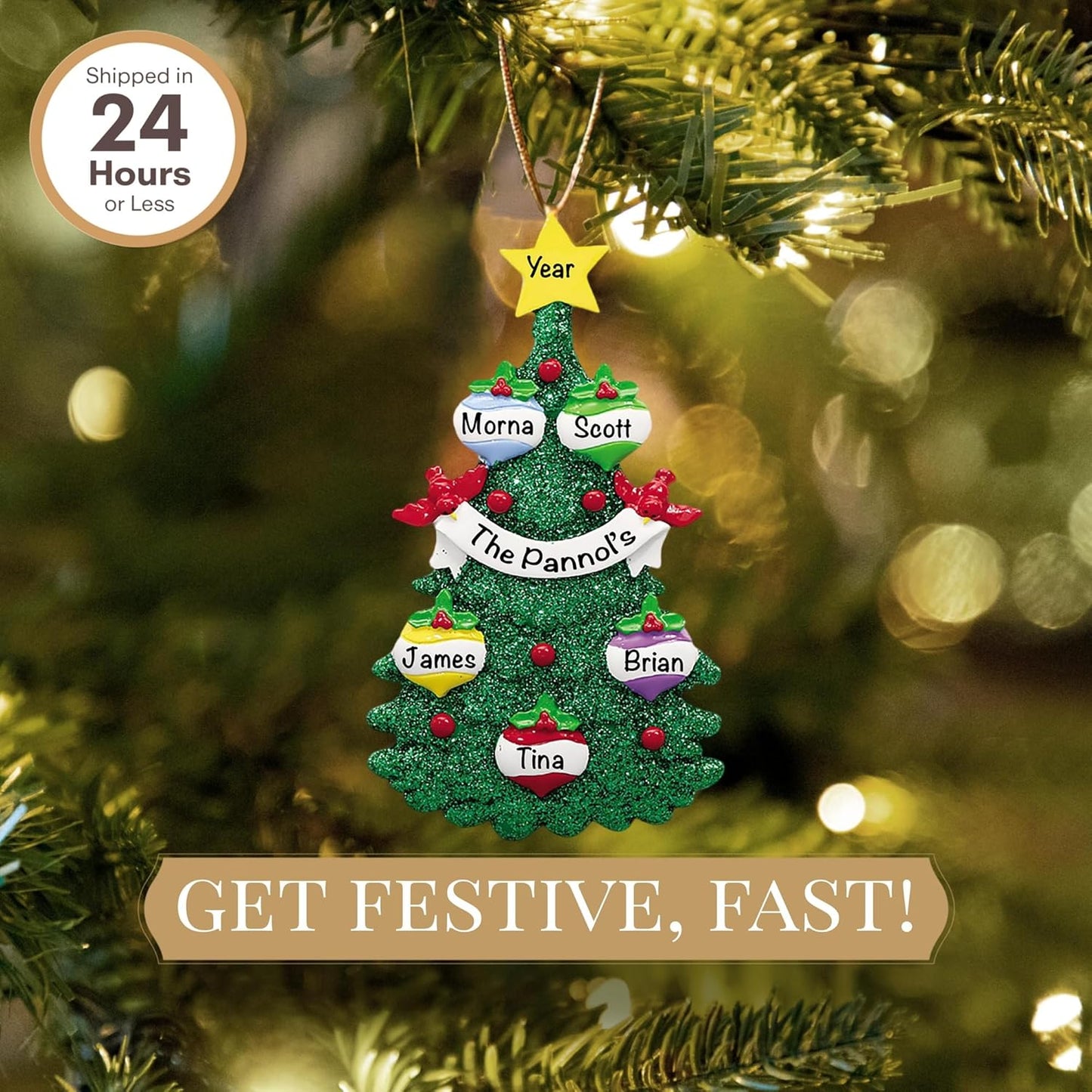 Personalized Family of 5 Ornament 2025 | Free 24h Customization | Christmas Ornaments for Tree | Custom Gift Wrapped Green Glitter Keepsake for Five Persons