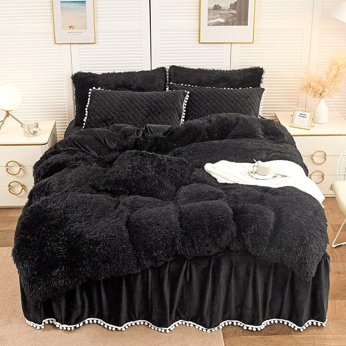 LIFEREVO Luxury Plush Shaggy Duvet Cover Set, Soft Velvet Fluffy Furry Duvet Cover Set(1 Faux Fur Fuzzy Comforter Cover + 2 Pom Poms Pillow Cases) Solid Bedding Set, Zipper Closure(Full/Queen, Black)