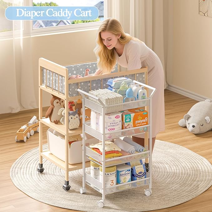2 Pack Baby Diaper Caddy Cart, 4-Tier Diaper Caddy Organizer and Storage, Rolling Utility Cart for Baby Supplies, Diaper Cart with Wheels for Bedroom, Nursery, Changing Table, White