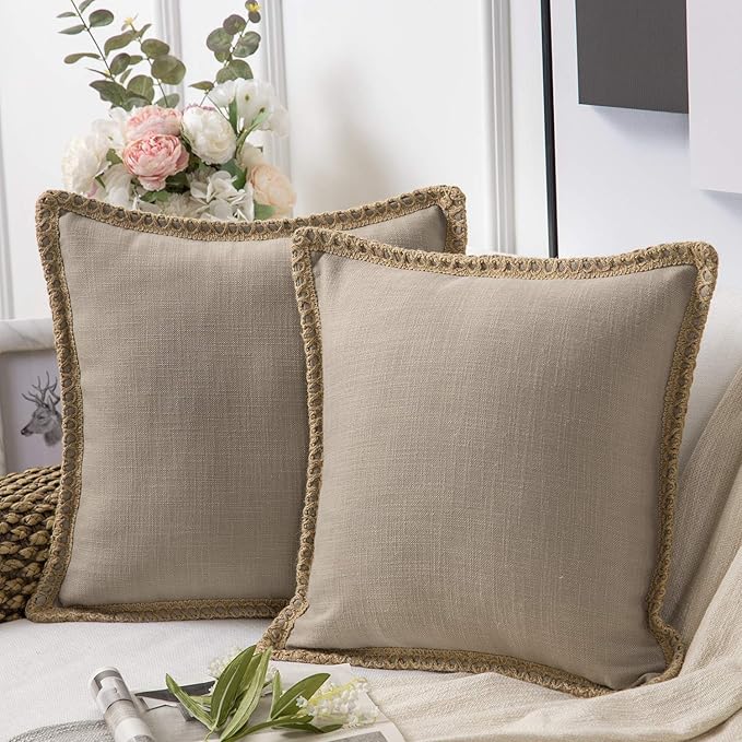Phantoscope Pack of 2 Farmhouse Decorative Solid Throw Decorative Pillow Cover Burlap Linen Trimmed Tailored Edges Beige 20 x 20 inches, 50 x 50 cm