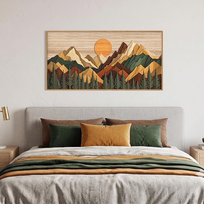 Celestdeco Large Woodcut Style Mountain Framed Canvas Wall Art Set,Woodsy Rustic Ridge Wall Decor,Boho Pine Tree Forest Wall Painting,Abstract Sunrise Wooden Art Print for Living Room,Bedroom,Office-20"X40"(Not-3D Effect)