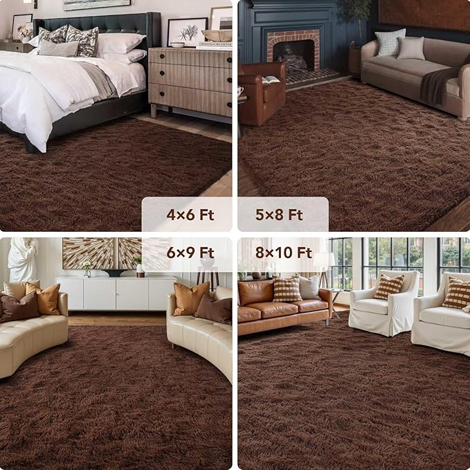 FinRèc 9x12 Rugs for Living Room Bedroom, Dark Brown Fluffy Shaggy Area Rug, Non-Slip Soft Shag Rug for Nursery Kids Room Dorm Room Home Decor, Indoor Plush Floor Carpet