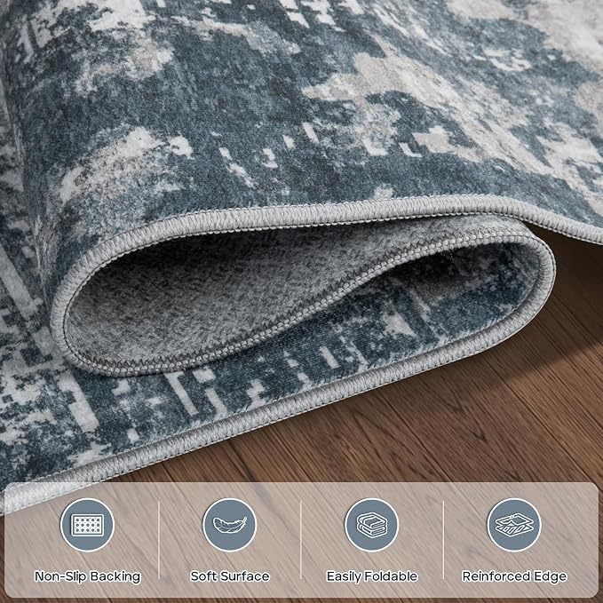 10x14 Area Rugs Large Living Room Rug Washable: Modern Abstract Rug Indoor Modern Carpet Non Slip for Dining Room Bedroom Nursery Home Office Blue/Grey