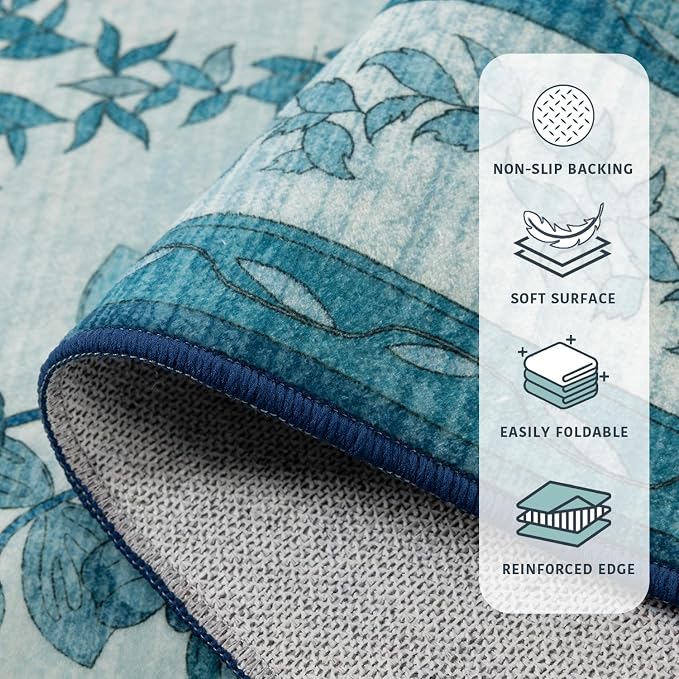 LIANLAM Checkered Rug 10x14 Area Rugs for Living Room - Stain Resistant & Non-Slip Backing Vintage Boho Floral Design Rug for Bedroom,Durable & Ultra-Thin Large Washable Area Rug(10x14,Blue)