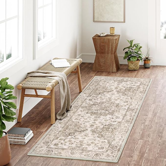 2x5 Washable Neutral Runner Rug Brown Vintage Hallway Kitchen Carpet Non-Slip Soft Low Pile Farmhouse Throw Rug for Bedroom Bathroom Laundry Living Room