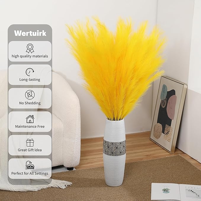 Wertuirk Yellow Pampas Grass, 8 Pcs 45 Inch Tall Large Faux Pompous Grass, Long Artificial Flowers for Floor Vases, Wedding Centerpieces, Baby Shower and Home Decoration (Yellow)