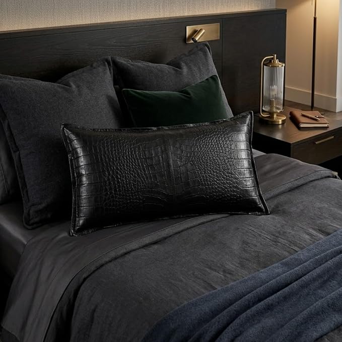 Genuine Leather Pillow Cover Case for Lumbar Throw Couch Pillows - Modern Farmhouse Decorative Sofa Thick & Soft Cushion Covers (Croc Black, 12" x 20")