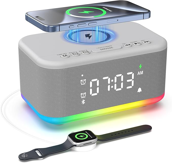 Wireless Charging Alarm Clock Bedroom, Digital Alarm Clocks Bedrooms Bluetooth, Loud Bluetooth Speaker Alarm Clock Night Light Dual Alarm Snooze 12/24H Dimmer Bluetooth AUX USB Charging, Grey