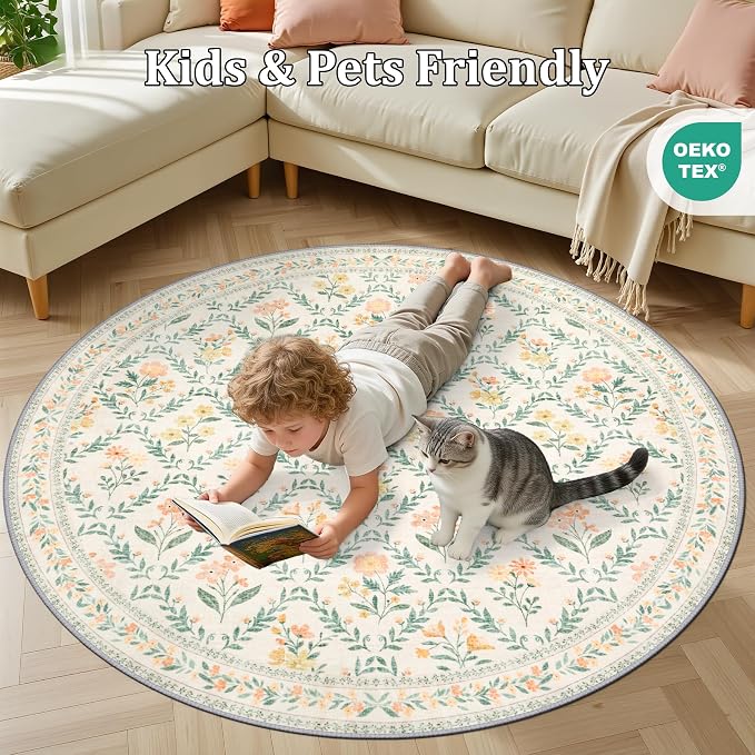 Round Area Rug for Living Room: 6 ft Floral Washable Circle Rug Soft Non-Slip Carpet Indoor Stain Resistant Low Pile Small Circular Rug for Bedroom Entryway Kitchen Nursery Home Office Beige/Multi