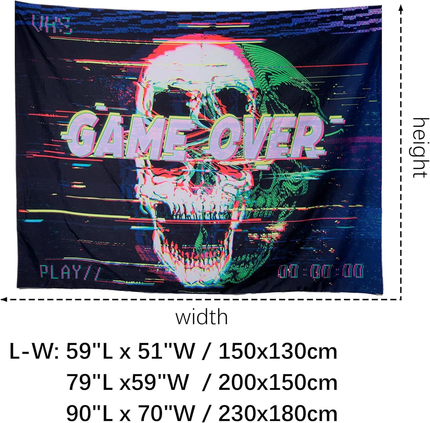 OSVINO Blacklight Skeleton Tapestry 59"x51" GAME OVER UV Reactive Wall Hanging Neon Skull Hippie Posters for Halloween Eastern Backdrop Bedroom Dorm Living Room Decor
