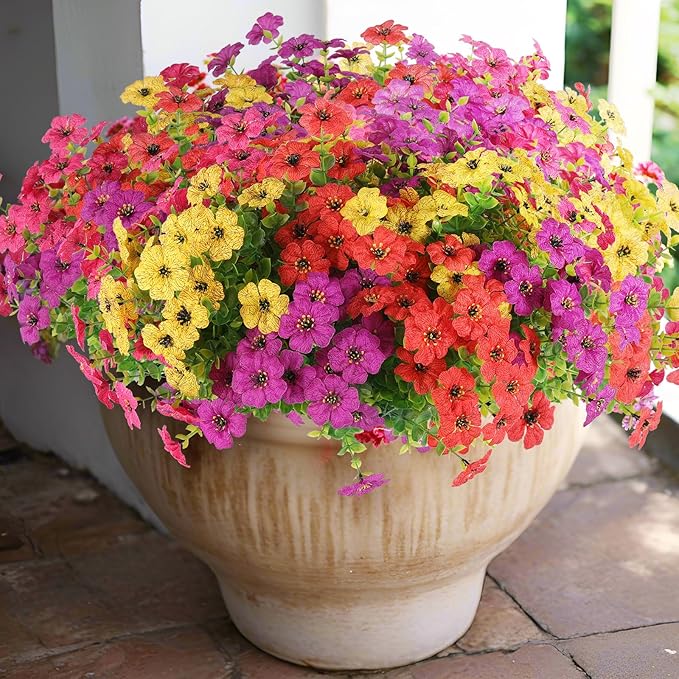 Rowfad 18 Pcs Artificial Daisy Flowers for Outdoors UV Resistant Fake Plastic Colorful Spring Flowers Faux Silk Plants for Outside Porch Easter Patio Home Decor (18, Red, Purple, Yellow, Rose Red)