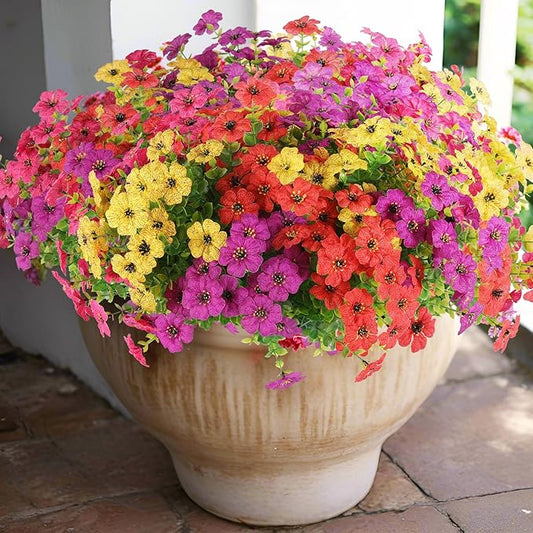 Rowfad 18 Pcs Artificial Daisy Flowers for Outdoors UV Resistant Fake Plastic Colorful Spring Flowers Faux Silk Plants for Outside Porch Easter Patio Home Decor (18, Red, Purple, Yellow, Rose Red)