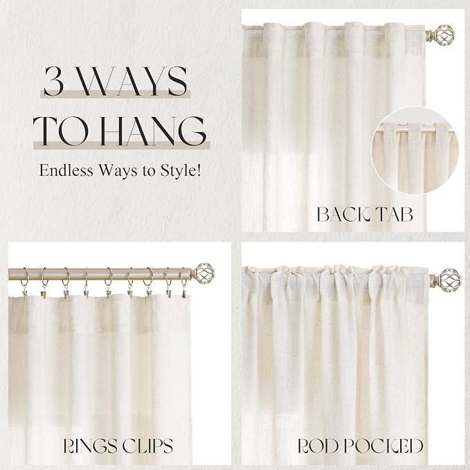 Jowels Natural Linen Curtains 105 Inch Long 2 Panels for Living Room | Ivory Light Filtering Sheer Curtain,Back Tab Pocket Pleated Look,Modern Farmhouse Textured Privacy Drapes for Bedroom Window