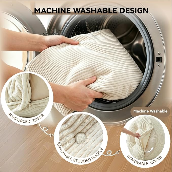 11" Washable Round Floor Pillow for Adults Thick Meditation Cushion for Sitting Large Yoga Pillows on Floor Ottoman to Elevate Leg for Tatami Living Room, 22x22 Inch, Cream