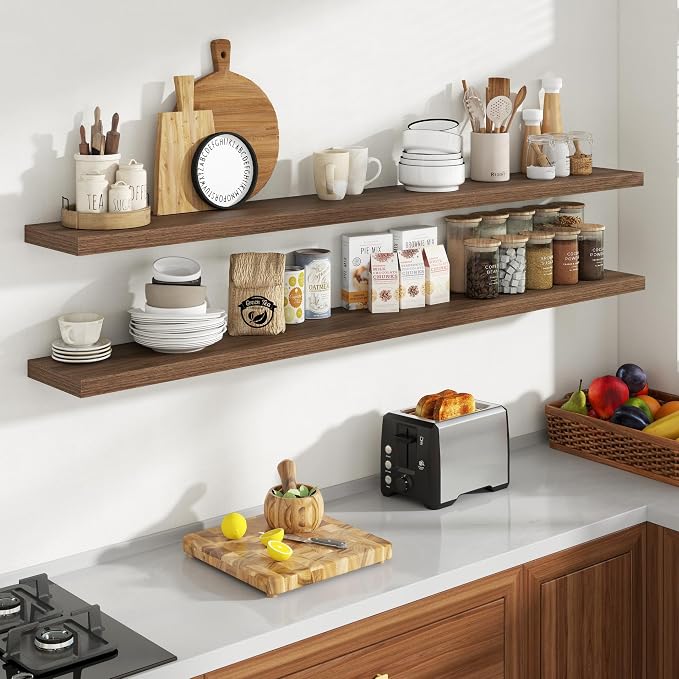 Acovy 72 Inch Floating Shelves, 8 Inch Deep Floating Shelves for Wall, Hanging Shelf with Invisible Brackets, Deep Shelves for Bathroom, Bedroom, Living Room, Walnut, Set of 2