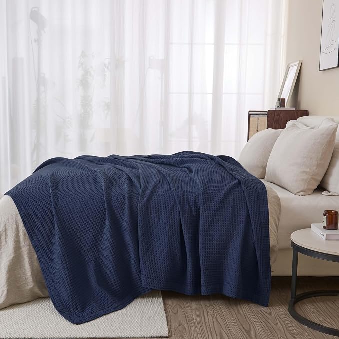 100% Cotton Blue Blanket King Size for Bed - Breathable and Soft, Waffle Weave for Summer Spring, 102x90 Inches (Navy)
