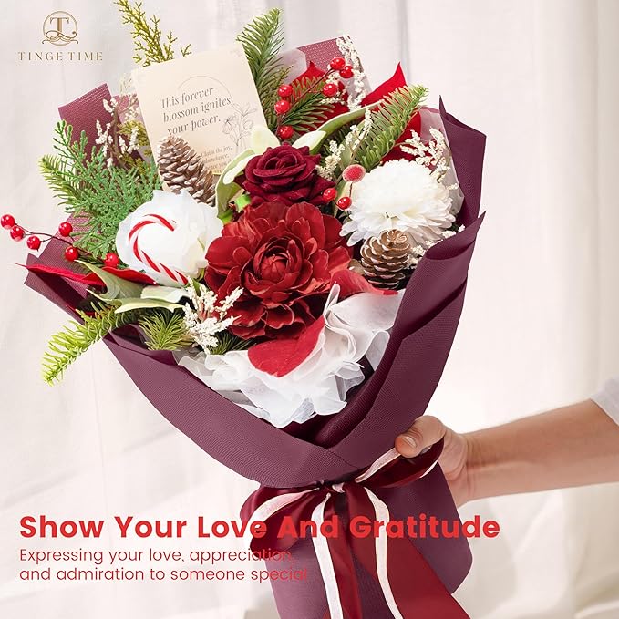 TINGE TIME Preserved Flowers Bouquet, Valentines Red Roses Faux Rose Bouquets, Artificial Flowers Poinsettia Faux Flowers, for Valentine Centerpiece Table Decoration Wedding Party