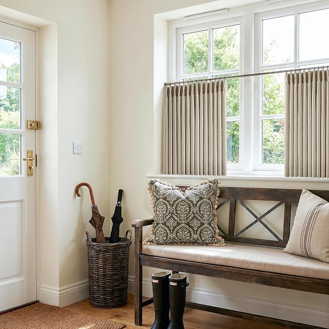 Short Pinch Pleated Curtains 24 Inch 2 Panels Taupe Rustic Country Light Filtering Linen Blend Small Window Curtain for Kitchen Dining Room Semi Sheer Privacy Flax Linen Pleat Drapes 24 Inches Long