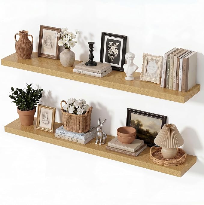Vivelove Wall Floating Shelves for Display with Invisible Brackets, Long Floating Shelves for Bedroom Bathroom Living Room Kitchen Office, 40”X 8" X 1.4", Set of 2 - Oak