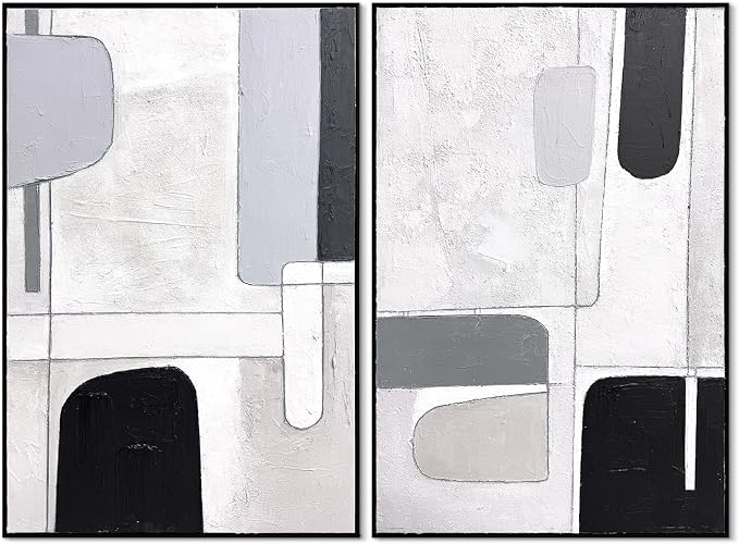 SAFERRYHOME Abstract Textured Hand Painted Wall Art, Large 3D Texture Minimalist Framed Canvas Wall Decor, Modern White Black Painting Geometric Artwork for Home Office Living Room, 24"x36"x2