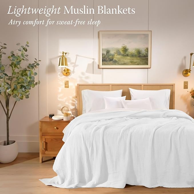 Threadmill Summer Queen Size Blanket| 4 Layer Cotton Gauze Blanket | Lightweight, Breathable, and Cozy for All Seasons | Versatile Muslin Blanket for Couch, Bed, or as a Picnic Blanket Use | White