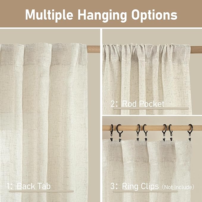 LAMIT Natural Linen Semi Sheer Curtains 78 Inch for Bedroom, Light Filtering Neutral Window Curtains Farmhouse Boho Back Tab and Rod Pocket Panels, Natural Cream Ivory, 2 Panels, 52 x 78 Inch