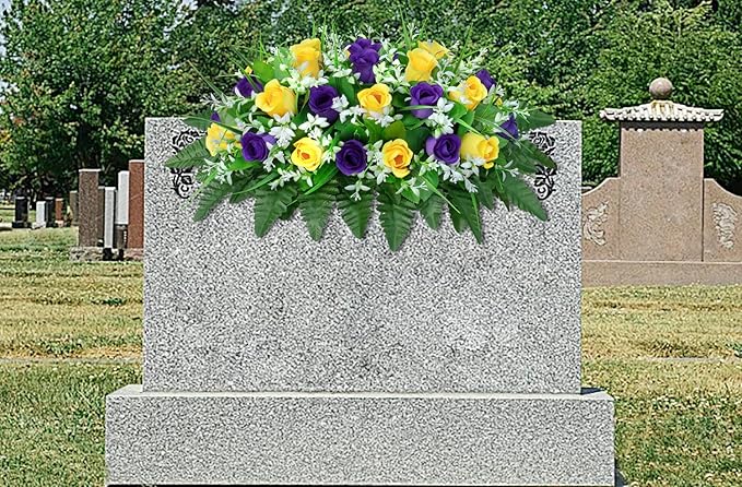 LVXINLI Artificial Cemetery Flowers Saddle-Shaped Tombstone Decorations Non-Fading UV-Resistant（ Yellow+Purple Saddle）