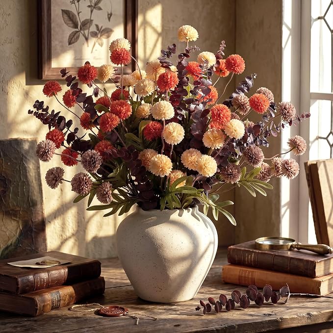 Hoteam 36 Pcs Artificial Chrysanthemum Flowers Bouquet with Dried Eucalyptus Leaves 15 Stems Fake Mums 21 Stems Preserved Eucalyptus for Vase Home Decor Wedding Centerpieces (Burnt Orange)