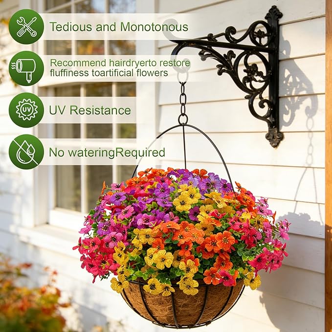 Artificial Fake Flowers for Outdoor UV Resistant,16 Bundles Silk Outside Plants Decoration for Hanging Planters, Daisy Eucalyptus Faux Flower Spring Summer Garden Yard Patio Balcony Home