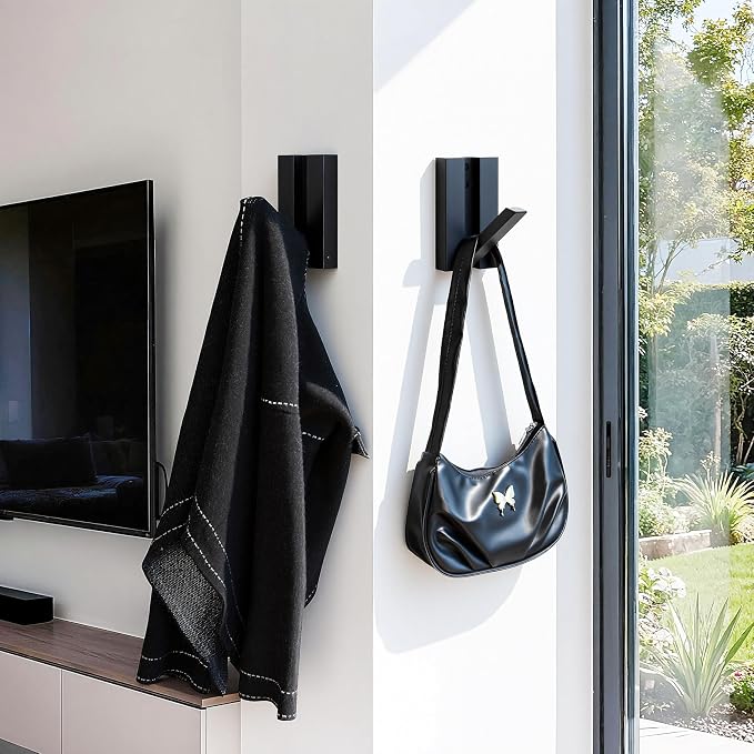 Folding Wall Hooks 2Pack: Black Modern Wooden Coat Hooks Mount for Heavy Duty Hanging Towels Backpack Bags Hats, Space Saving Minimalist Decorative Entryway Hanger for Aesthetic Homeowner