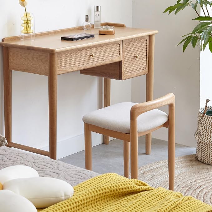 Vanity Stool-Natural Beech Wood Vanity Chair, Wooden Chair for Vanity with Upholstered Cushions for Living Room, Bedroom, White