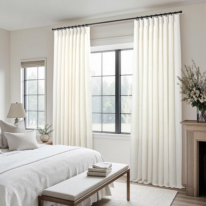 Cream Natural Linen Pleated Curtains 108 Inches Long 2 Panels for Living Room Bedroom Light Filter Semi Sheer Pinch Pleat Drapes Hooks Rings Neutral Rustic Farmhouse Style Window Curtain 60x108 Length