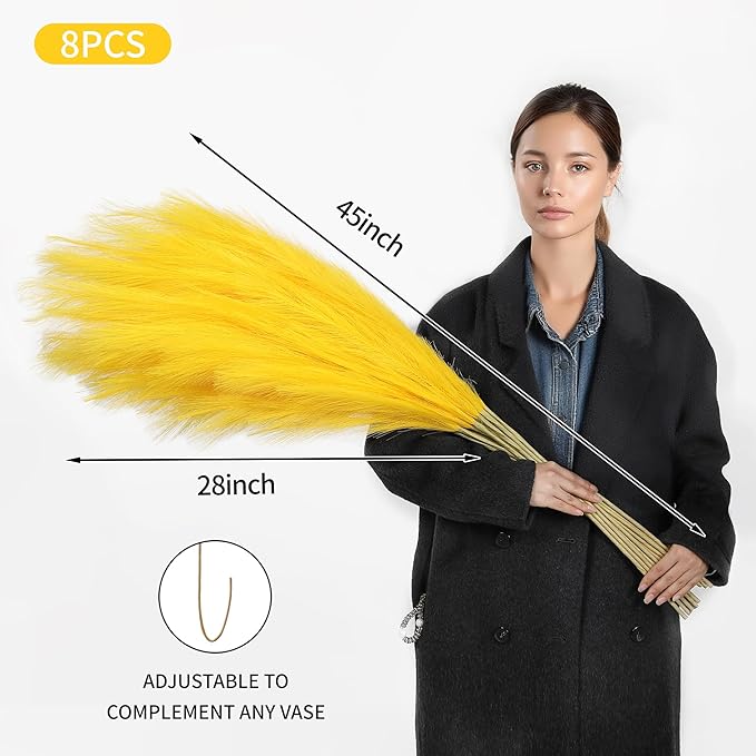 Wertuirk Yellow Pampas Grass, 8 Pcs 45 Inch Tall Large Faux Pompous Grass, Long Artificial Flowers for Floor Vases, Wedding Centerpieces, Baby Shower and Home Decoration (Yellow)