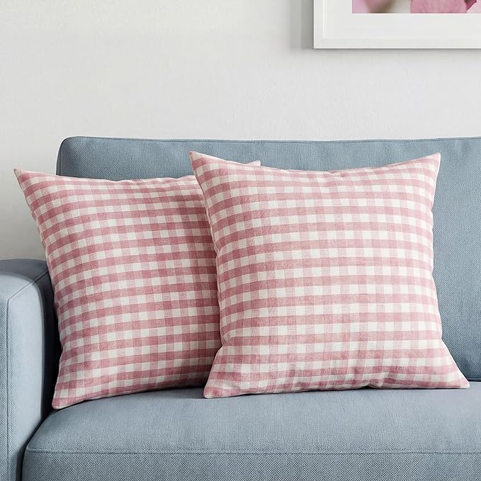 Cute Pink And White Gingham Plaid Pillow Covers 18x18 Set of 2, Light Pink Living Room Decor Throw Pillows For Bed Couch, Farmhouse Outdoor Square Cushion Covers 18 x 18 (No Pillow Inserts)