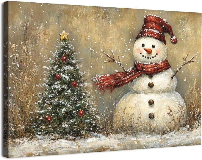 Christmas Snowman Wall Art Farmhouse Winter Snow Scene Holiday Prints Artwork for Bedroom Living Room Vintage Christmas Decor Green Pine Tree Picture Bathroom Fireplace Xmas Home Decoration 16x24"