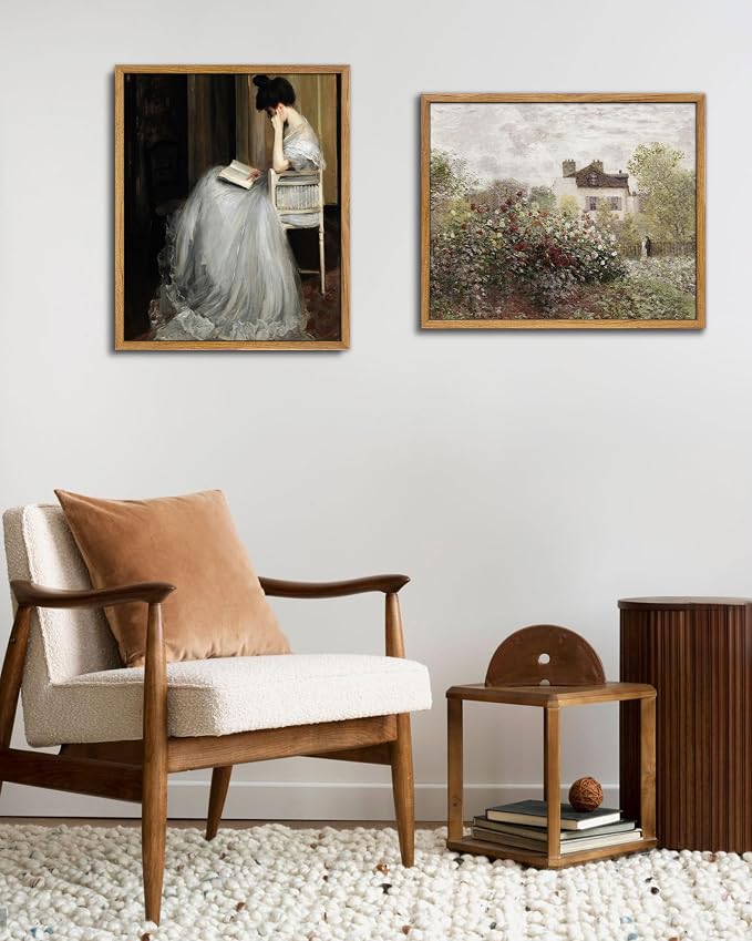 UPWOIGH The Reader Framed Portrait Wall Art, 16 x 24 Inch | Seated Woman Reading in a Flowing White Gown, Vintage Impressionist Style, Warm Wood Frame for Bedroom and Reading Nook