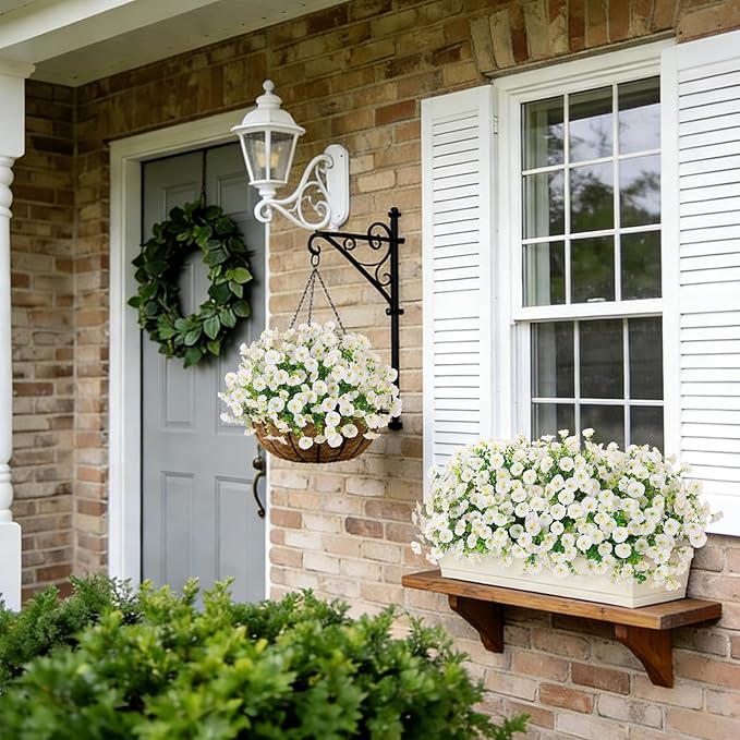 Hrobek Artificial Flowers for Outdoors, 12 Bundles Fake Plastic Petunias Flower Plant, Faux Colorful Silk Morning Glory for Outside Planter Garden Front Porch Door Spring Summer Decor,White