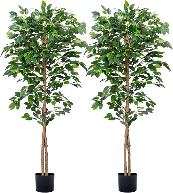 HAIHONG 2Packs 5FT Artificial Ficus Trees with Realistic Leaves and Natural Trunk, Faux Ficus Tree with Sturdy Plastic Nursery Pot, Fake Ficus Tree for Office Home Farmhouse for Indoor Outdoor Decor