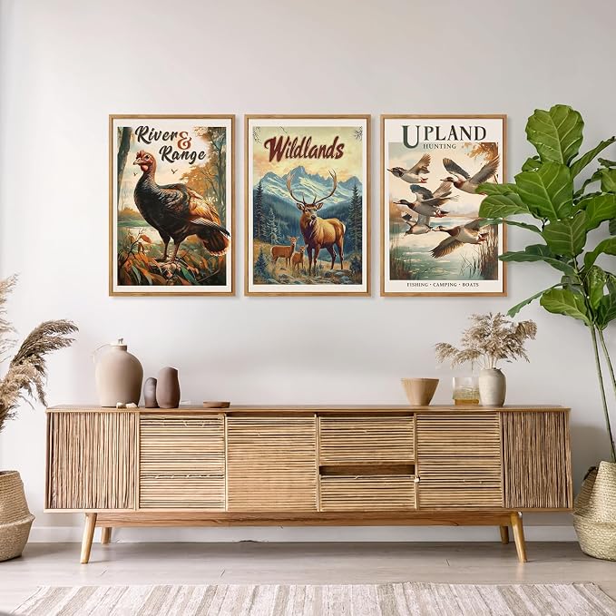 HOURIA 3Pcs Large Retro Hunting Framed Canvas Wall Art Set(16"x24"),Wildlife Deer Elk Mallard Duck Hunting Nursery Decor Rustic Wild Animals Camping Posters For Hunter Room Cabin Decor Living Room Bedroom