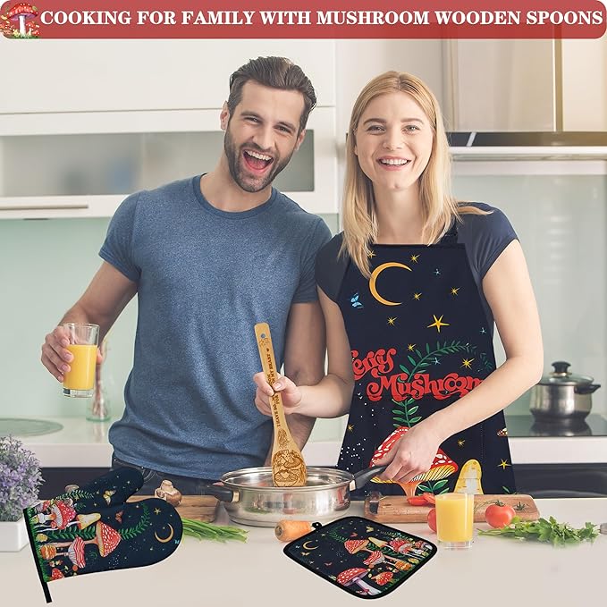 Mushroom Kitchen Decor Bamboo Cooking Spoon with Apron Oven Mitt Pot Holder Utensil Set -Mushroom Kitchen Accessories,Home Decorations Gifts for Women-Housewarming,Easter,Birthday Gift,8PCS