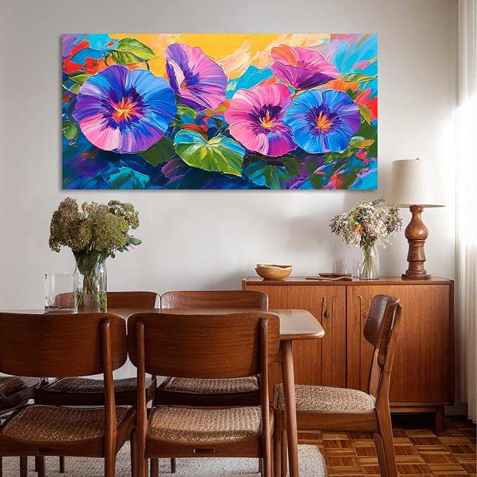 Ggaafet Blue Purple Flowers Wall Art for Living Room Canvas Oil Painting Prints Beautiful Morning Glory Floral Blooming Art Deco Vibrant Artwork Office Bedroom Family Dining Room Decor Extra Large