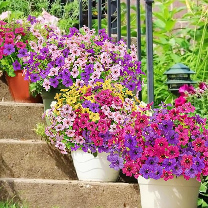 Yastouay 24 Bundles Artificial Flowers for Outdoors, UV Resistant Artificial Outdoor Flowers No Fade Fake Outdoor Flowers Plants for Garden Porch Window Box Pot Planters Decor (Fuchsia+Rose Red)