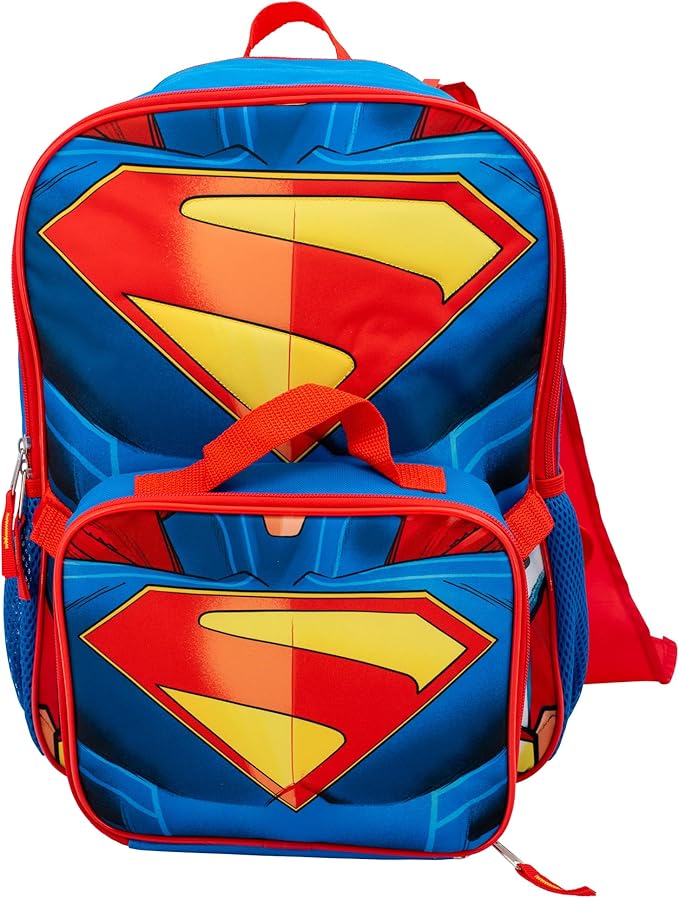 AI ACCESSORY INNOVATIONS Superman 2 Piece Backpack Set, Boys 16" Superhero School Bag with Detachable Cape, Lunch Box