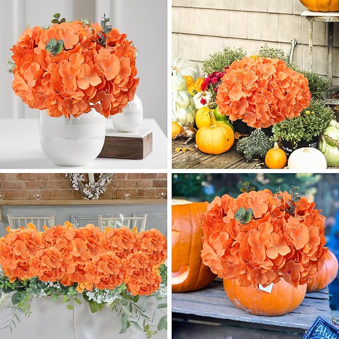 AVIVIHO 65pcs Fake Flowers Orange Hydrangea Artificial Flowers Bulk (Not Squished, No Steaming Need) Silk Flowers with Stems for Wedding Decor,Home,Baby Shower,Table Centerpieces Decoration