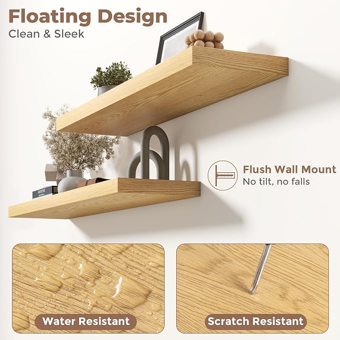 8 Inch Floating Shelves for Wall with Invisible Brackets Set of 3, 8"D Engineered Wood Wall Shelves with Wood Grain for Living Room, Bedroom, Bathroom, Kitchen Decor and Storage, Oak Finish