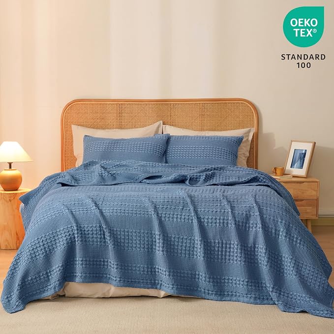 PHF 100% Cotton Waffle Blanket Queen Size for Bed, Lightweight Breathable and Soft for Summer, Luxury Aesthetic Waffle Weave Blanket for Home Decor & Gifts for Women, 90"x90", Denim Blue