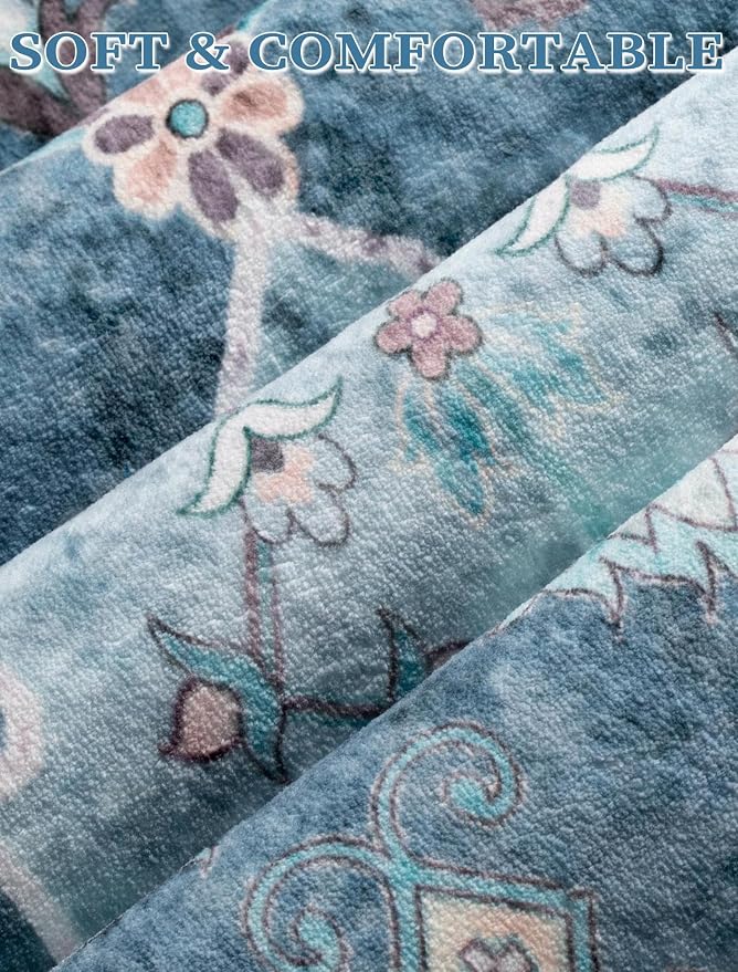 SERISSA Boho Washable Runner Rug, 2'6"x8' Non-Slip Vintage Blue Hallway Kitchen Runner Rug Ultra Soft Print Distressed Floor Carpet for Bedroom Bathroom Laundry Living Room