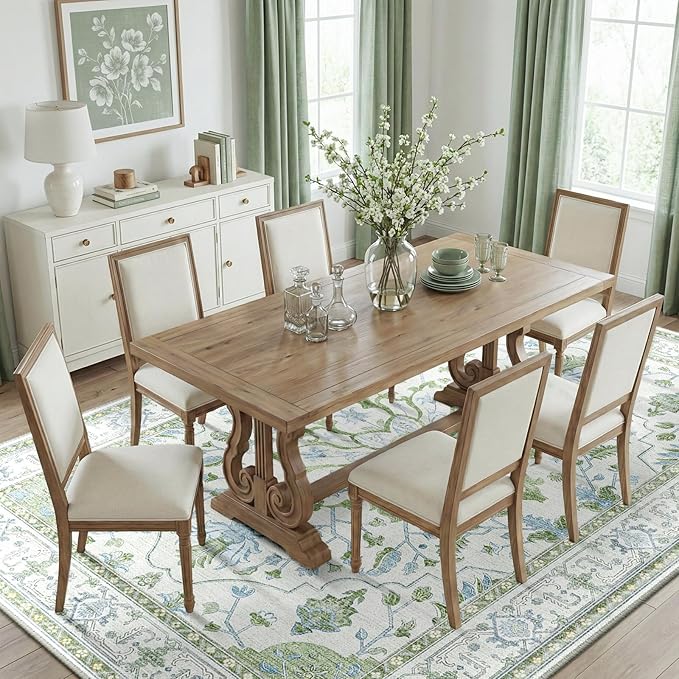 RELEANY Area Rugs 8'x10' Washable Non-Slip, Floral Vintage Distress Print Pattern Medallion Carpet for Living Room Bedroom Dining Room, Green White Blue