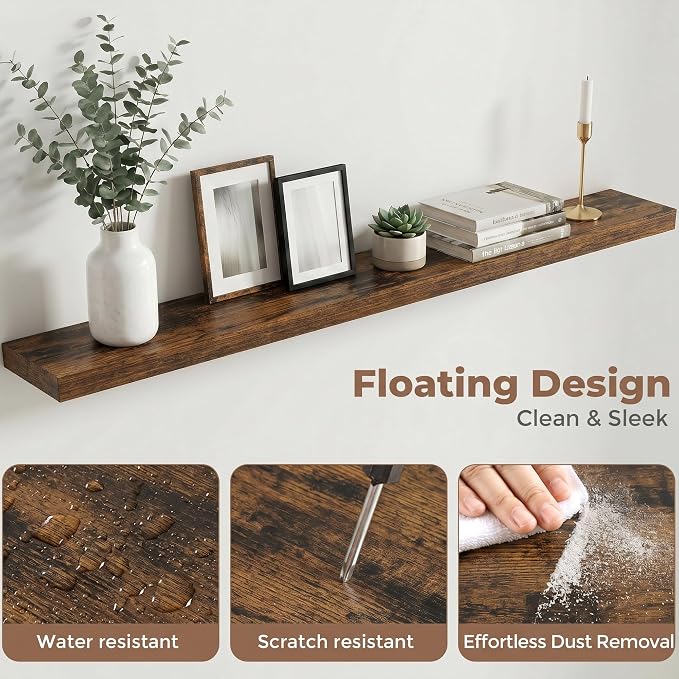 Venusmiles Floating Shelves for Wall, 55 Inch Floating Shelves Set of 1, 6.5" D Wooden Wall Mounted Display Shelves with Invisible Brackets for Living Room, Bedroom, Bathroom, Kitchen Decor, Brown